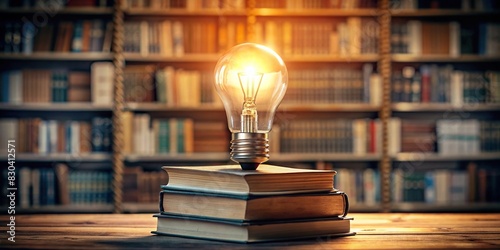 A light bulb shining on a stack of books in a library, symbolizing the power of knowledge photo