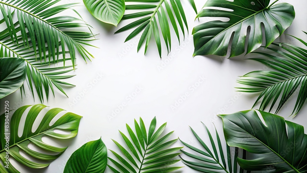 Tropical green leaves on white background mockup