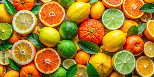 Vibrant composition of colorful citrus fruits including oranges, lemons, and limes photo