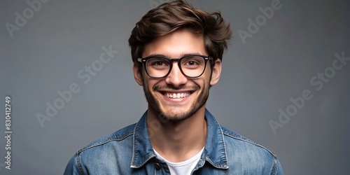 Portrait of a smiling young man with glasses and a denim jacket against a neutral gray background photo