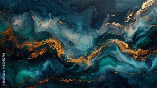 luxurious brush strokes, luxurious abstract background with rich brush strokes in shades of indigo, emerald green, and gold, portraying depth and sophistication © Aliaksandra