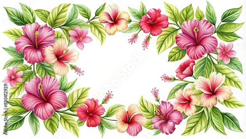 Elegant floral frame with hand drawn hibiscus flowers and leaves