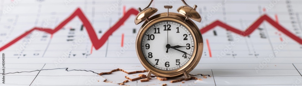 Broken clock highlighting financial trouble with rusted coins around it on a dark background, isolated, copy space Broken clock highlighting financial trouble with rusted coins around it on a dark background, isolated, copy space