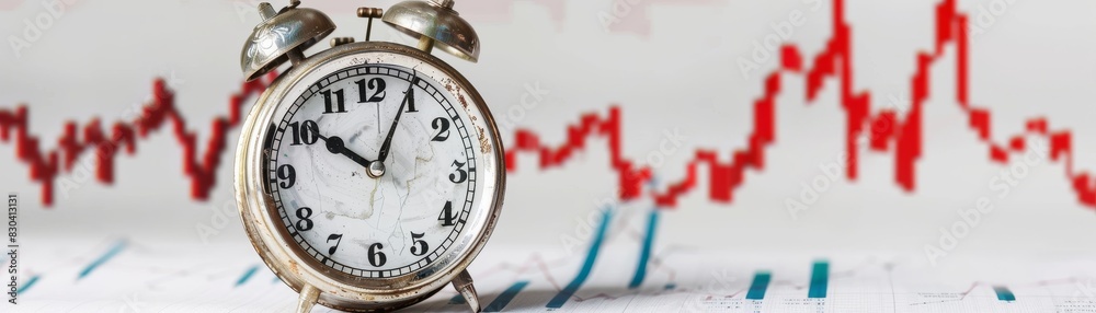 Broken clock with a downward financial graph in the background, isolated, white background, copy space Broken clock with a downward financial graph in the background, isolated, white background, copy space