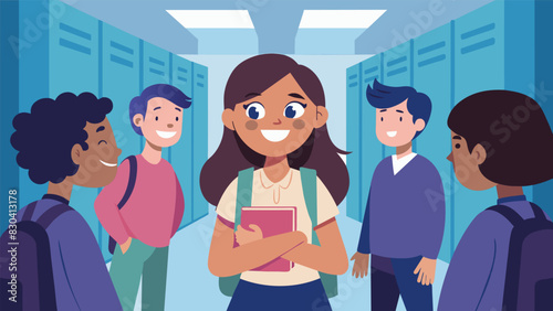 A shy student who used to be an outcast greeted her former classmates with a newfound confidence as they all laughed and chatted together in the school hallway.. Vector illustration