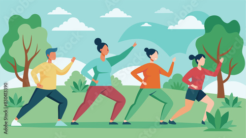 A group of individuals gather in a park practicing synchronized tai chi movements with focused intention and awareness in their bodies as part of their daily fitness routine.. Vector illustration