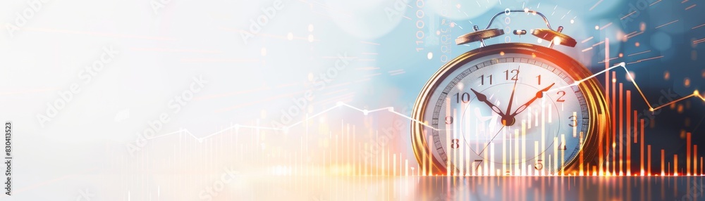 Clock representing time and progress with light shining down and an upward trend line graph behind, clear white background Clock representing time and progress with light shining down and an upward trend line graph behind, clear white background