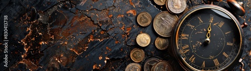 Broken clock symbolizing decay with rusted coins scattered on a dark background, isolated, plenty of space photo