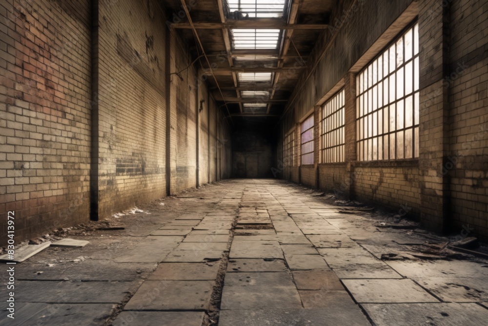 Aged building corridor aging old tile concrete destroyed wreck grunge warehouse, brick room dye floor obsolete wall industrial style background 