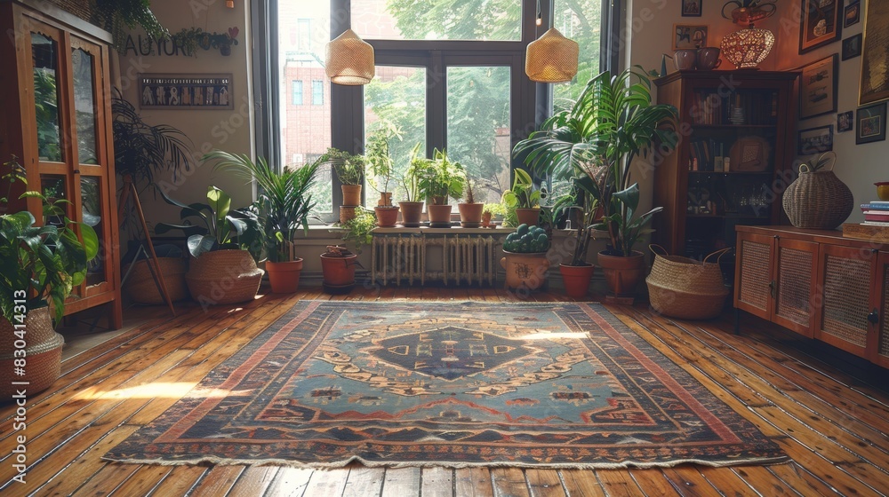 Obraz premium banner featuring vintage rug on hardwood floor with potted plants and woven baskets, embodying a stylish and cozy kinfolk aesthetic