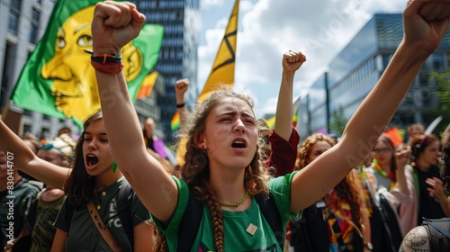 A group of activists with clenched fists, demanding action on climate change photo