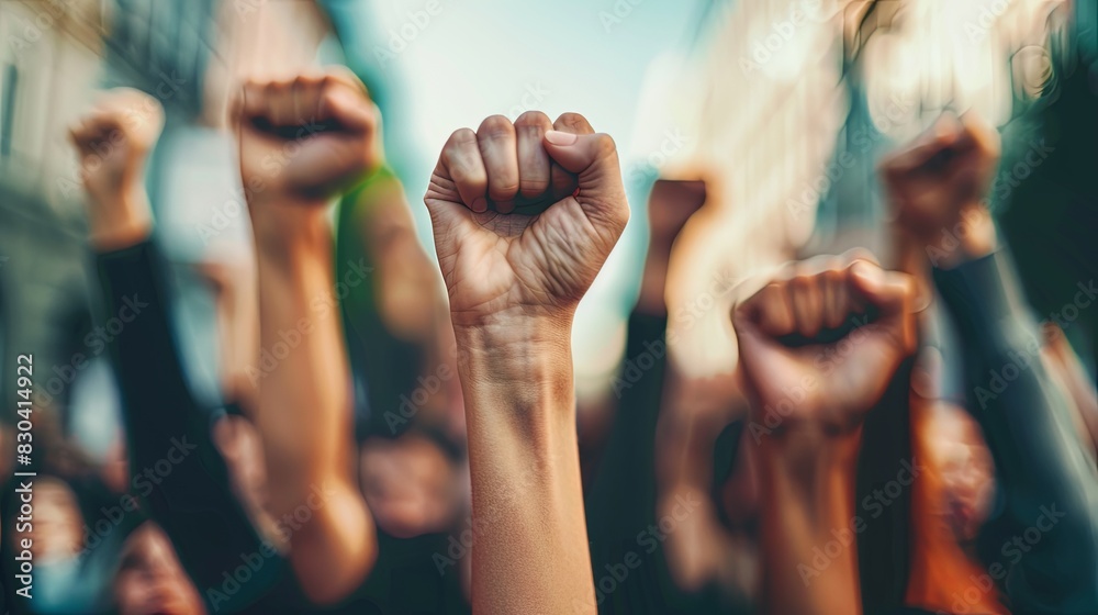 Crowd of protesters showing determination and resolve with raised fists Crowd of protesters showing determination and resolve with raised fists