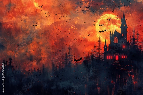 haunted house illustration, get in the halloween spirit with a spooky watercolor background featuring a haunted house and bats great for festive decor