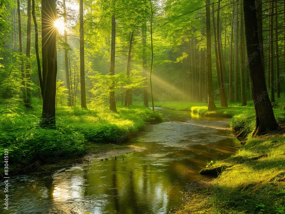 A stream of water flows through a lush green forest. The sunlight is shining through the trees, creating a peaceful and serene atmosphere