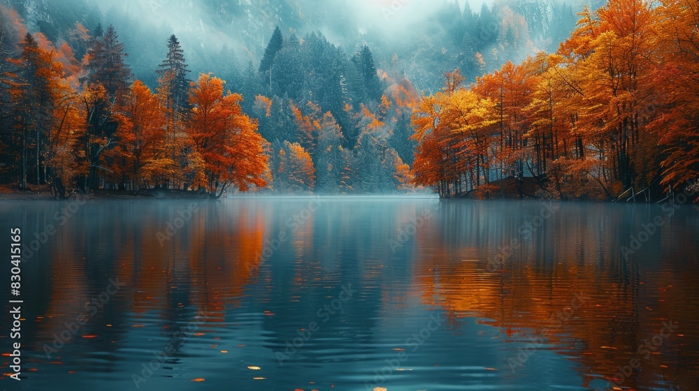 Fototapeta premium fall foliage forest, a peaceful lake encircled by trees displaying golden and red leaves, embodying the beauty of autumn in the woods