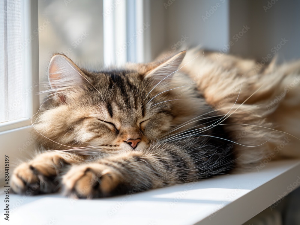 A cat is sleeping on a window sill. The cat is curled up and has its eyes closed