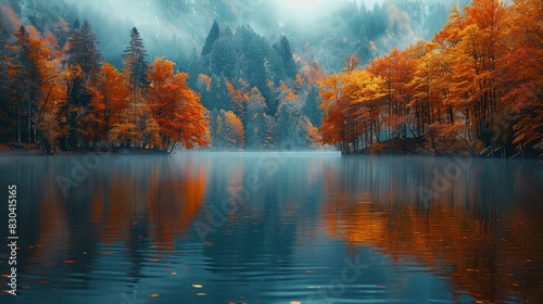 fall foliage forest  a peaceful lake encircled by trees displaying golden and red leaves  embodying the beauty of autumn in the woods