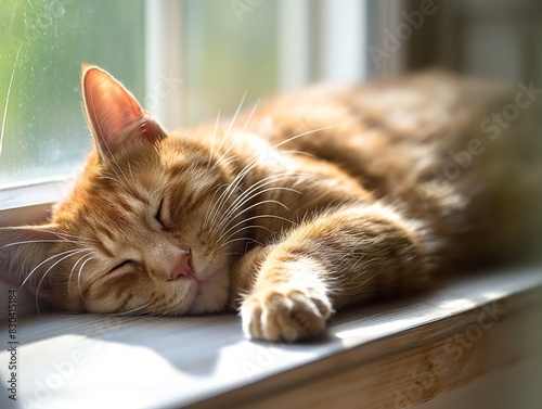 A cat is sleeping on a window sill. The cat is orange and has long fur. The cat is curled up and he is very relaxed
