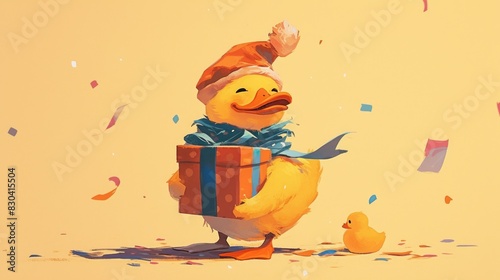 A charming cartoon interpretation of a duck cartoon character holding a gift box has been beautifully rendered photo