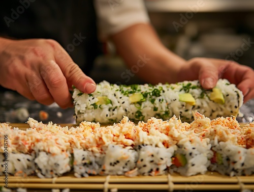 A person is making sushi rolls with avocado and shrimp. The rolls are on a wooden board and are being prepared for serving