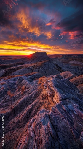 A fiery sunset casting dramatic colors across a rugged desert generated by AI