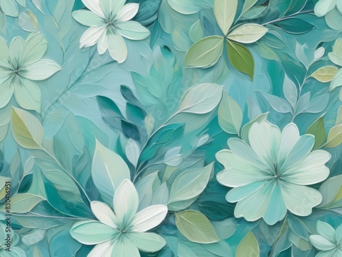 Floral composition in  oil painting style  shades of teal color  abstract flowers painting with textured brushstrokes  rich in color and details