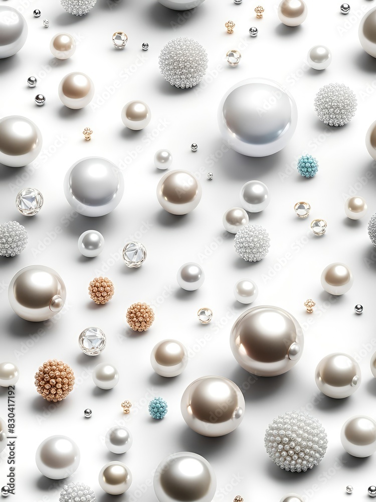 Fototapeta premium White and golden pearls, beads, 3d render balls, sphares, round shapes backgorund.