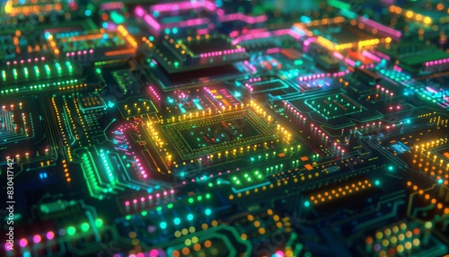 Microscopic view of luminescent microchips forming ethereal realms, tech for everything photo