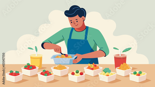 A parent meticulously sections off portions of pasta salad into individual containers topped with diced veggies and a light vinaigrette dressing.. Vector illustration