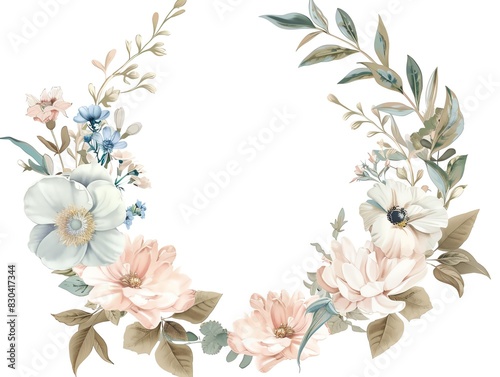 An elegant floral wreath with a variety of flowers in soft, muted colors. Perfect for use in wedding invitations, cards, and other special occasion stationery. © Sukifli.D