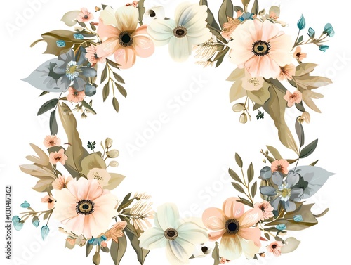 An elegant floral wreath with a variety of flowers in soft colors. Perfect for wedding invitations  greeting cards  and other special occasions.
