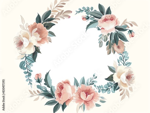A beautiful floral wreath with pink and white roses, green leaves, and blue buds on a cream background. © Sukifli.D