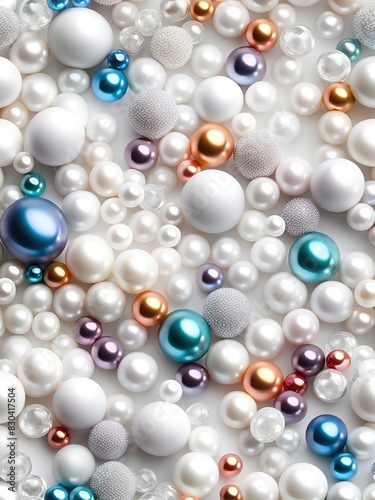 White and golden pearls  beads  3d render balls  sphares  round shapes backgorund.