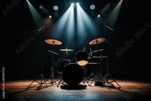 Concert music live stage in empty night dark room, artistic studio rhythm audio beat set, metal show acoustic performer background