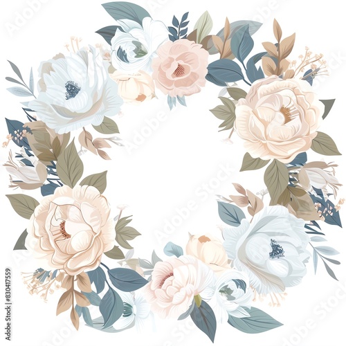 An illustration of a wreath of flowers. The flowers are mostly white, pink, and blue with green leaves. The wreath is on a white background.