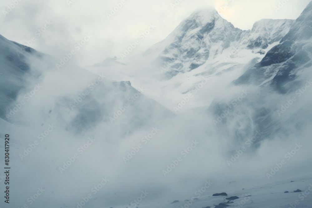 Fototapeta premium Frostpunk Reverie Thick Clouds Embrace Mountains on a Glacial Lake. 