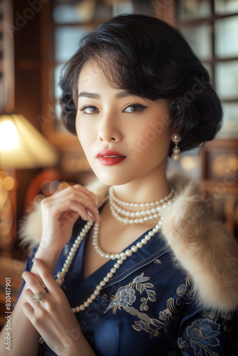 Portrait Chinese woman wearing wearing an elegant qipao  exudes vintage charm . AI Generative