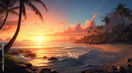 Tranquil exotic summer beach with palm backgrounds