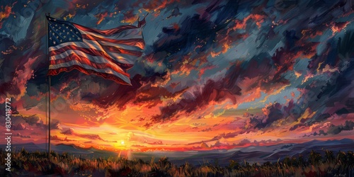 an american flag is shown with a sunset, in the style of optical illusion paintings, joyful celebration of nature, heavy shading photo