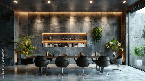 Stylish Office Meeting Room with Table, Chairs, and Wall Shelf