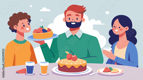 At a holiday dinner with friends the man happily indulges in a decadent slice of pie knowing that balance and moderation are key to his successful and healthy weight gain journey.. Vector illustration