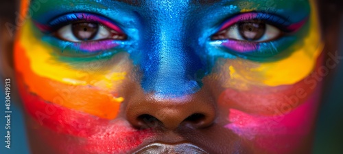 Closeup black woman face with rainbow paint. LGBT pride gay lesbian gender equality symbol. Generative AI technology.	
