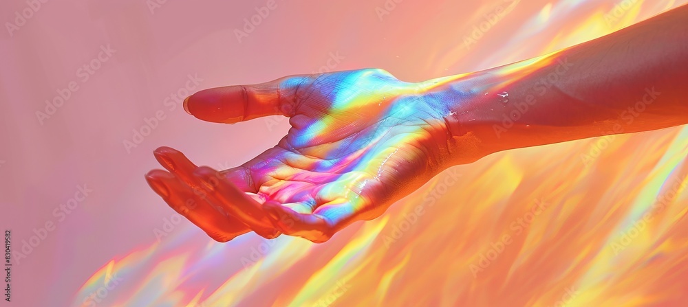 Obraz premium Colorful rainbow light on hand. LGBT pride gender equality and humanity people care concept. Generative AI technology. 