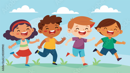 Giggles and shouts can be heard from the group of children as they play tag with pure joy and excitement.. Vector illustration