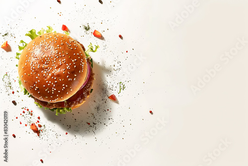 Top View of a Burger with Scattered Ingredients: A Sesame Seed Bun, Juicy Beef Patty, Fresh Lettuce, Tomato Slices, and a Colorful Mix of Seasonings. Copy space on the right side.