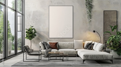 Frame mockup ISO A paper size Living room poster mockup Interior mockup with house background Modern interior design 3D render Three vertical ISO A2 frame mockup reflective glass mockup poster on the photo