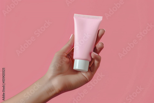 Hand holding blank white plastic tube on pink background. Cosmetic beauty product branding mockup. Copy space.