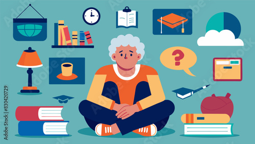 A senior sits in their bedroom surrounded by college merchandise and flyers mentally weighing their options and making a pros and cons list for each school.. Vector illustration