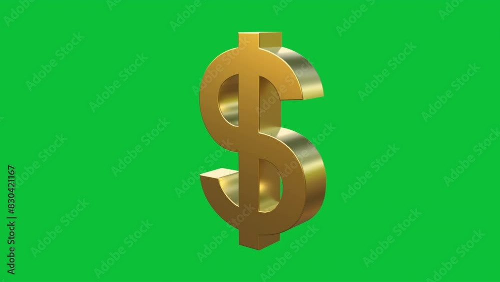Gold dollar symbol looped rotation on green screen chroma key background 3d animation 4k video loop. USD currency sign. Trading, financial market, sale, money concept.