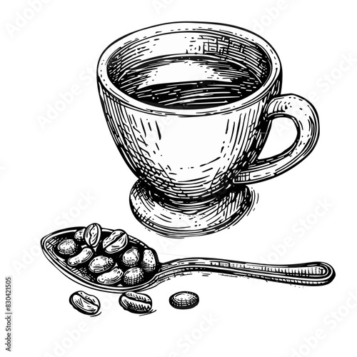 A cup of coffee with a spoon and coffee beans on a saucer